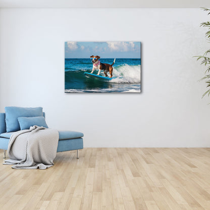 Leinwandbild Surf - Hund XXL – Cooler Hund reitet lässig die Wellen - deyoli