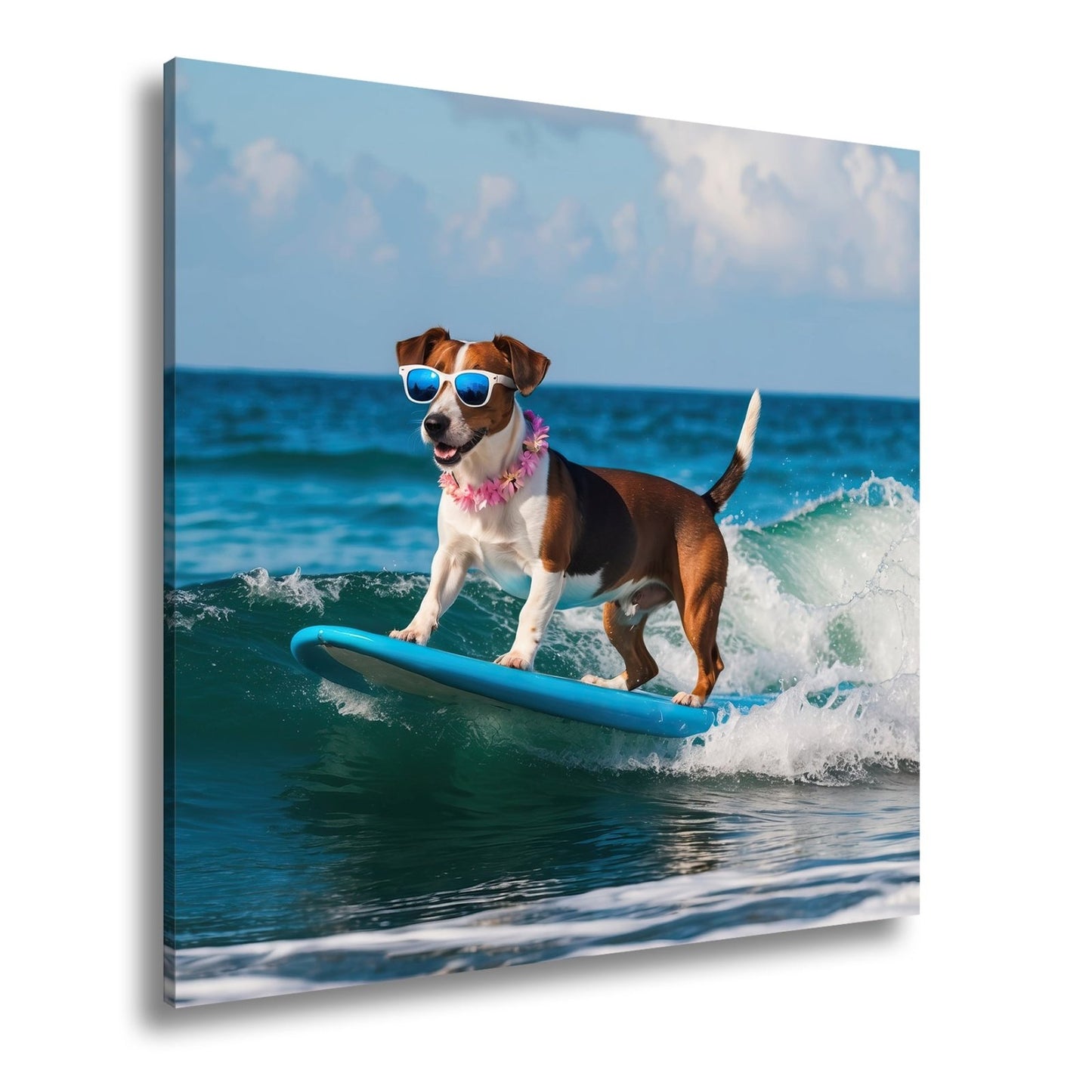 Leinwandbild Surf - Hund XXL – Cooler Hund reitet lässig die Wellen - deyoli