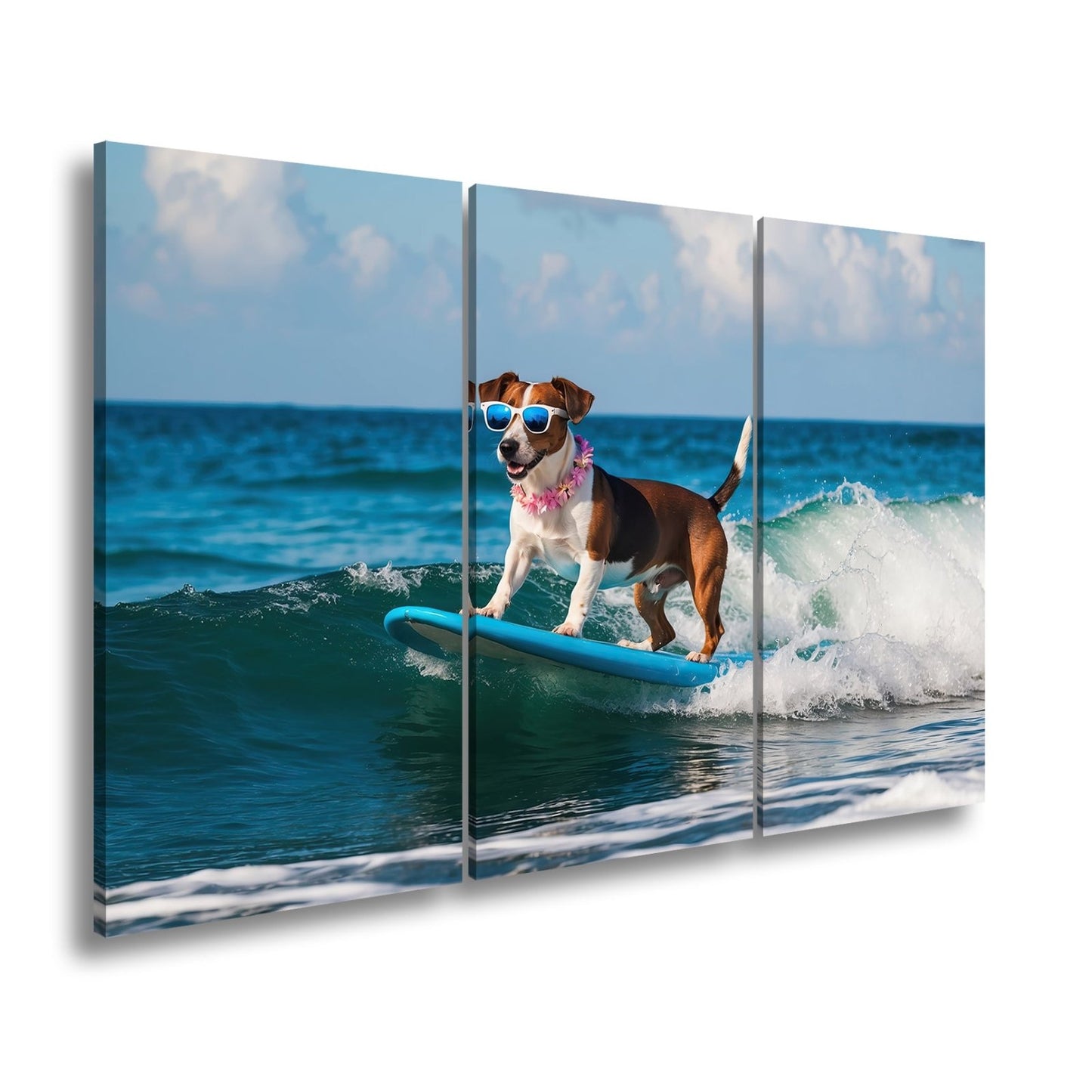 Leinwandbild Surf - Hund XXL – Cooler Hund reitet lässig die Wellen - deyoli