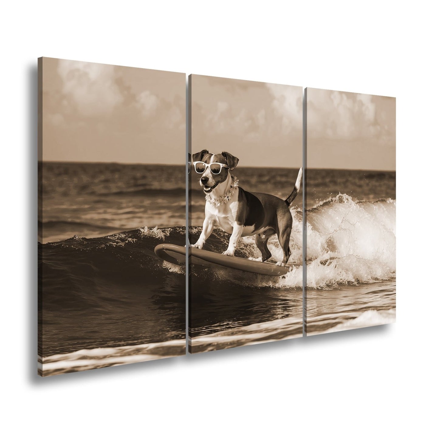 Leinwandbild Surf - Hund XXL – Cooler Hund reitet lässig die Wellen - deyoli