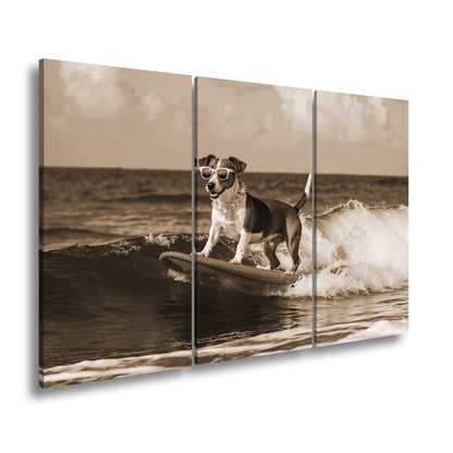 Leinwandbild Surf - Hund XXL – Cooler Hund reitet lässig die Wellen - deyoli