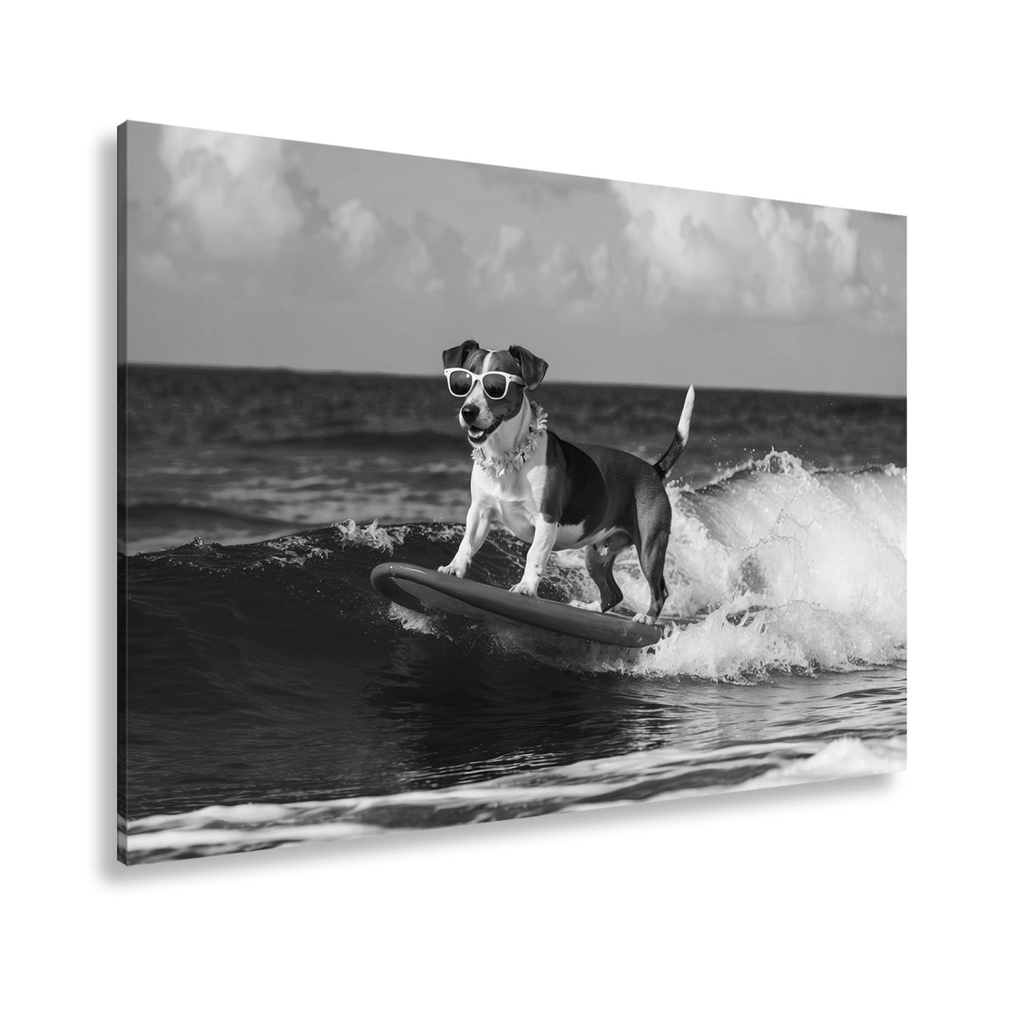 Leinwandbild Surf - Hund XXL – Cooler Hund reitet lässig die Wellen - deyoli