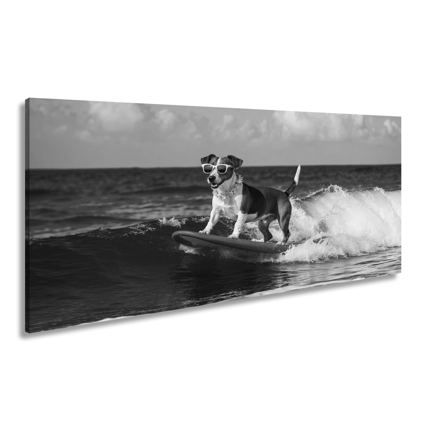 Leinwandbild Surf - Hund XXL – Cooler Hund reitet lässig die Wellen - deyoli