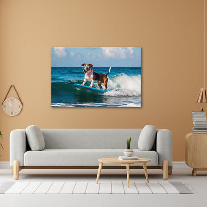 Leinwandbild Surf - Hund XXL – Cooler Hund reitet lässig die Wellen - deyoli
