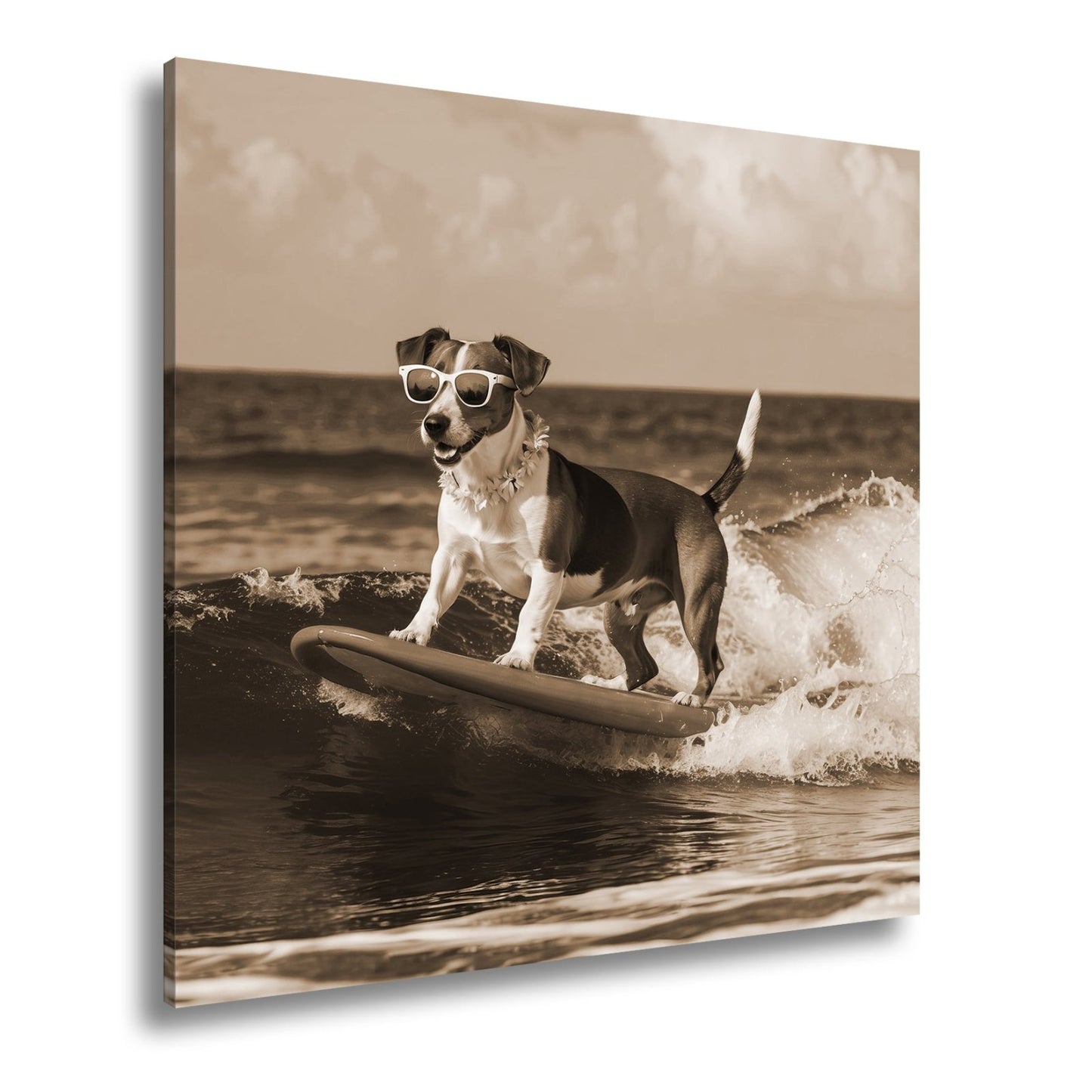 Leinwandbild Surf - Hund XXL – Cooler Hund reitet lässig die Wellen - deyoli