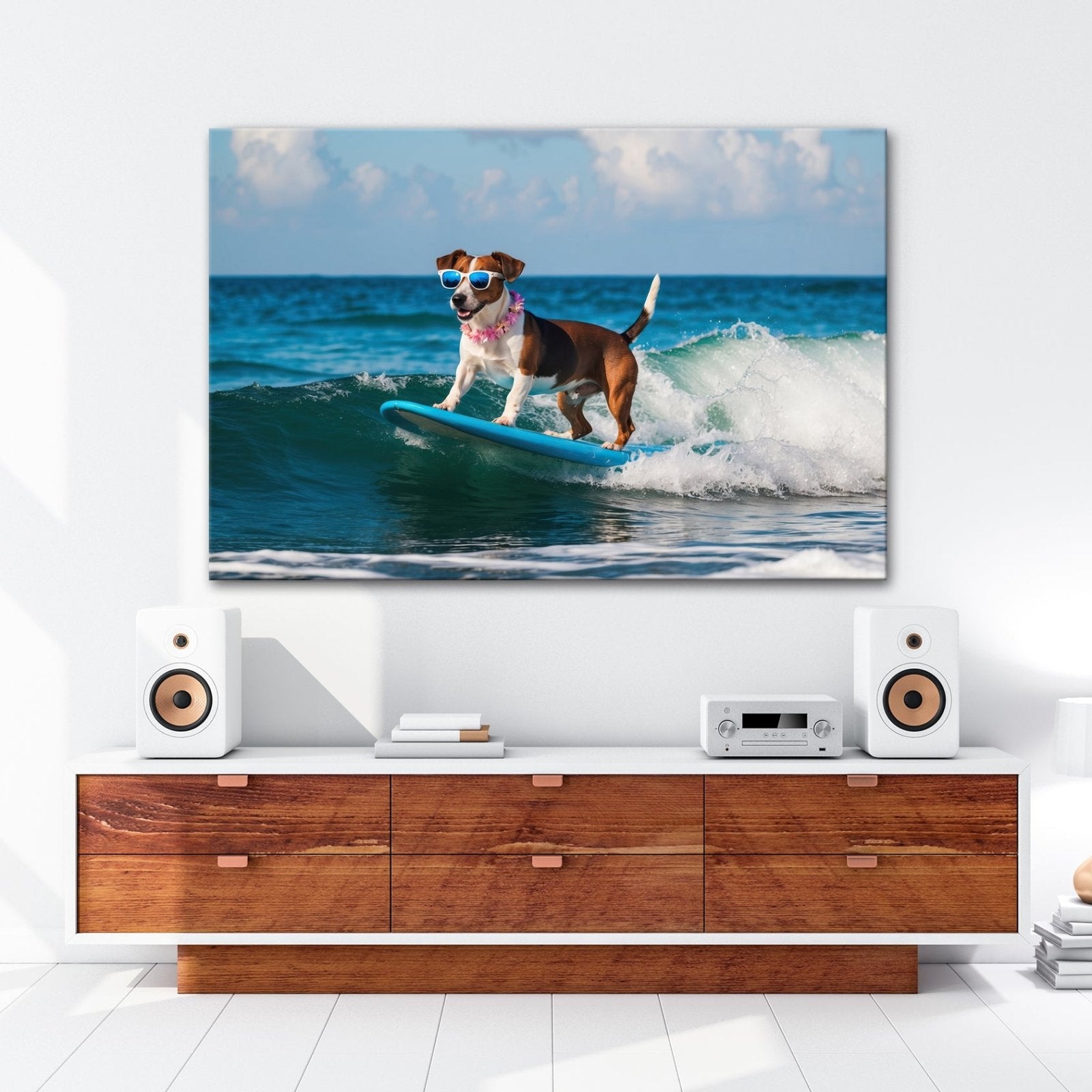 Leinwandbild Surf - Hund XXL – Cooler Hund reitet lässig die Wellen - deyoli