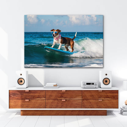 Leinwandbild Surf - Hund XXL – Cooler Hund reitet lässig die Wellen - deyoli