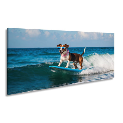 Leinwandbild Surf - Hund XXL – Cooler Hund reitet lässig die Wellen - deyoli
