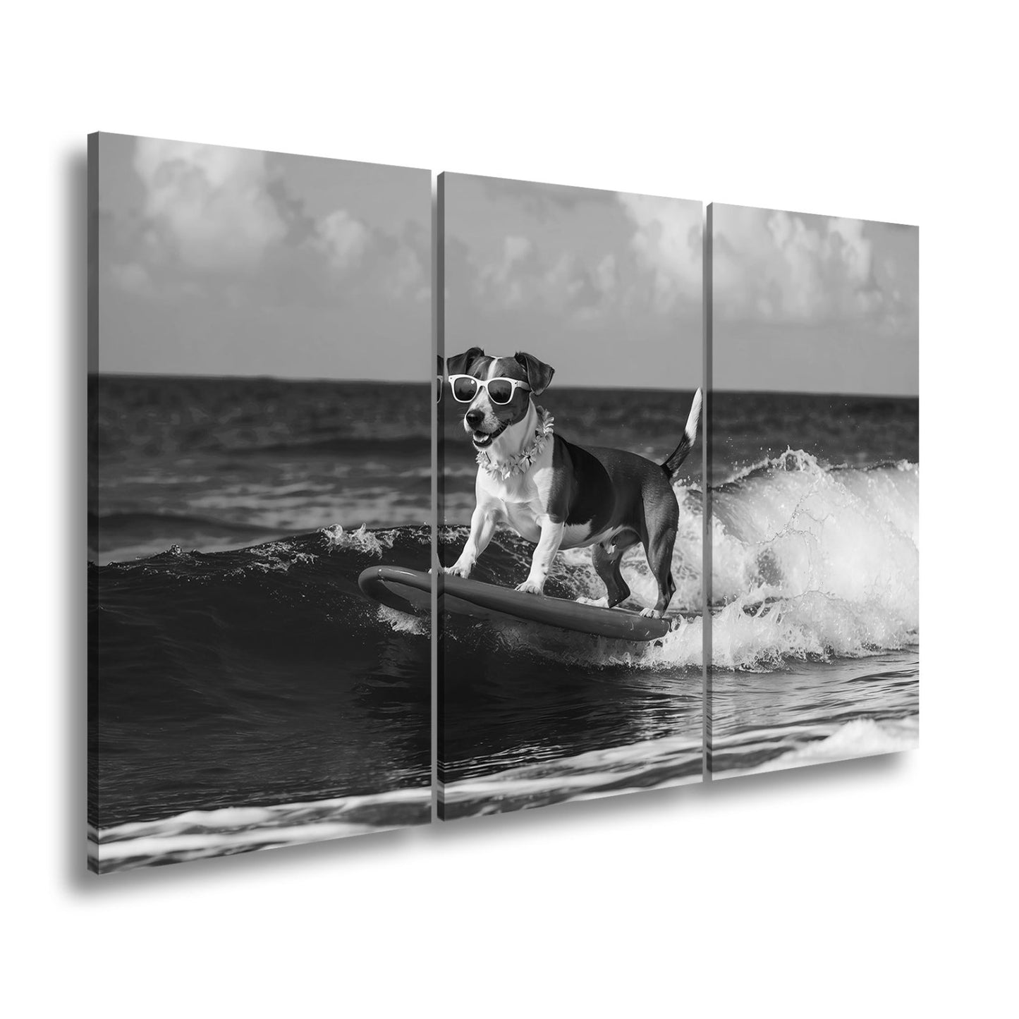 Leinwandbild Surf - Hund XXL – Cooler Hund reitet lässig die Wellen - deyoli