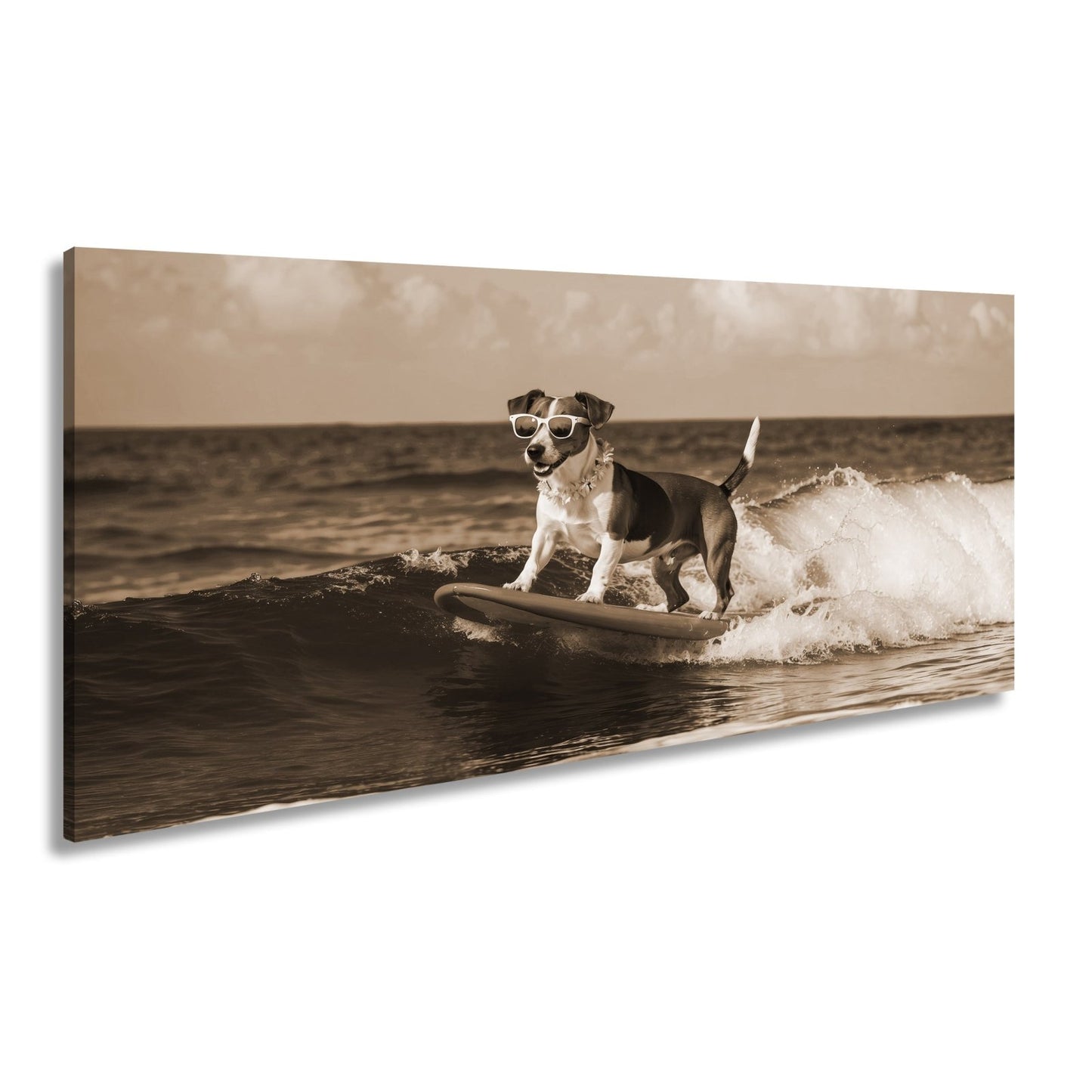 Leinwandbild Surf - Hund XXL – Cooler Hund reitet lässig die Wellen - deyoli