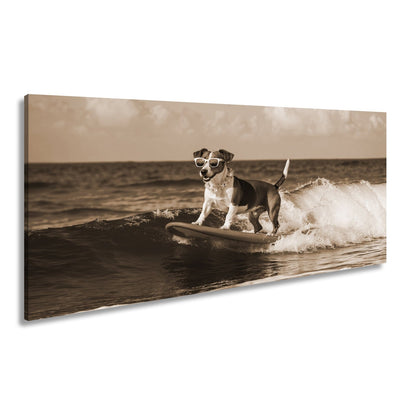 Leinwandbild Surf - Hund XXL – Cooler Hund reitet lässig die Wellen - deyoli