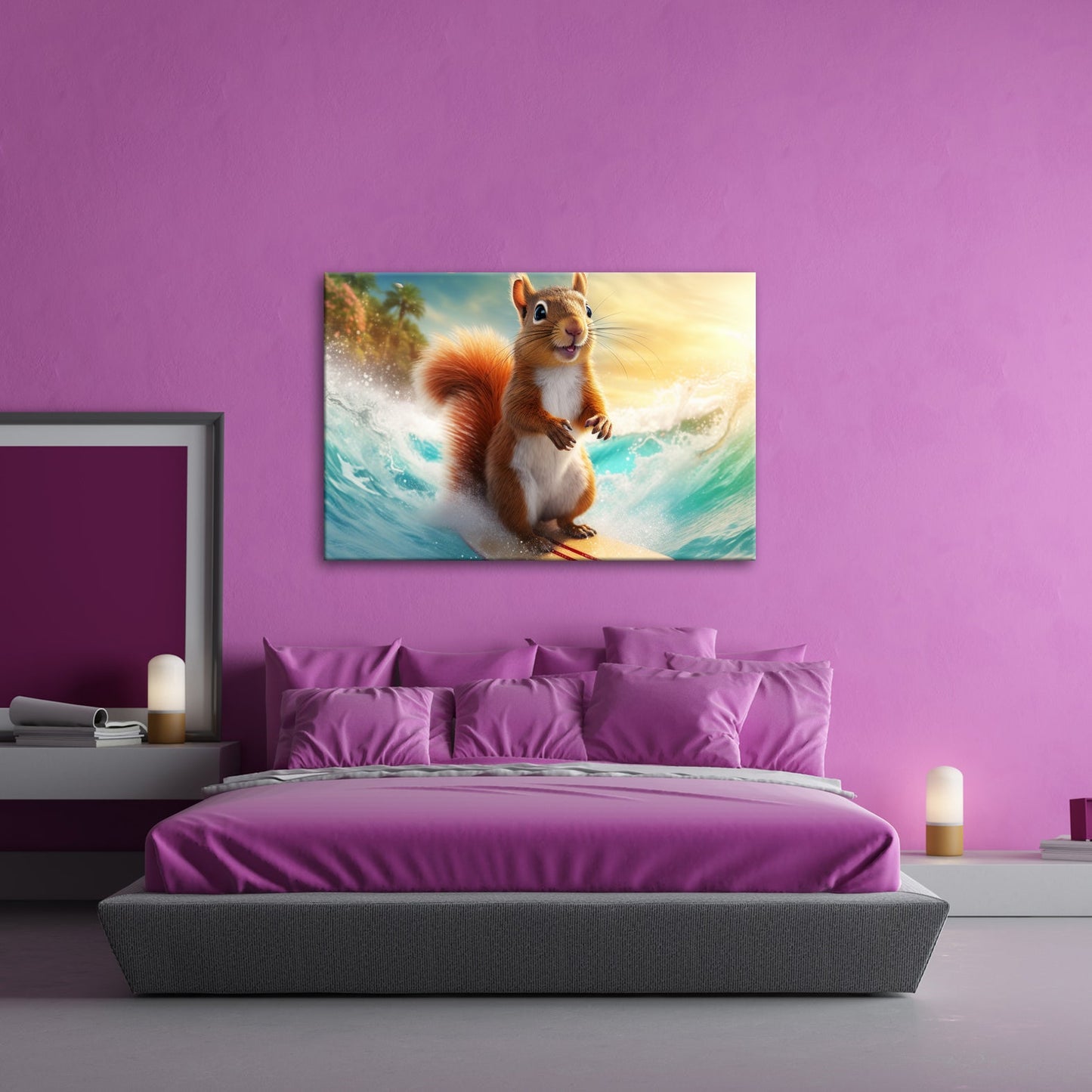 Leinwandbild Surfendes Eichhörnchen reitet tropische Welle XXL – Lustig Tiere - deyoli