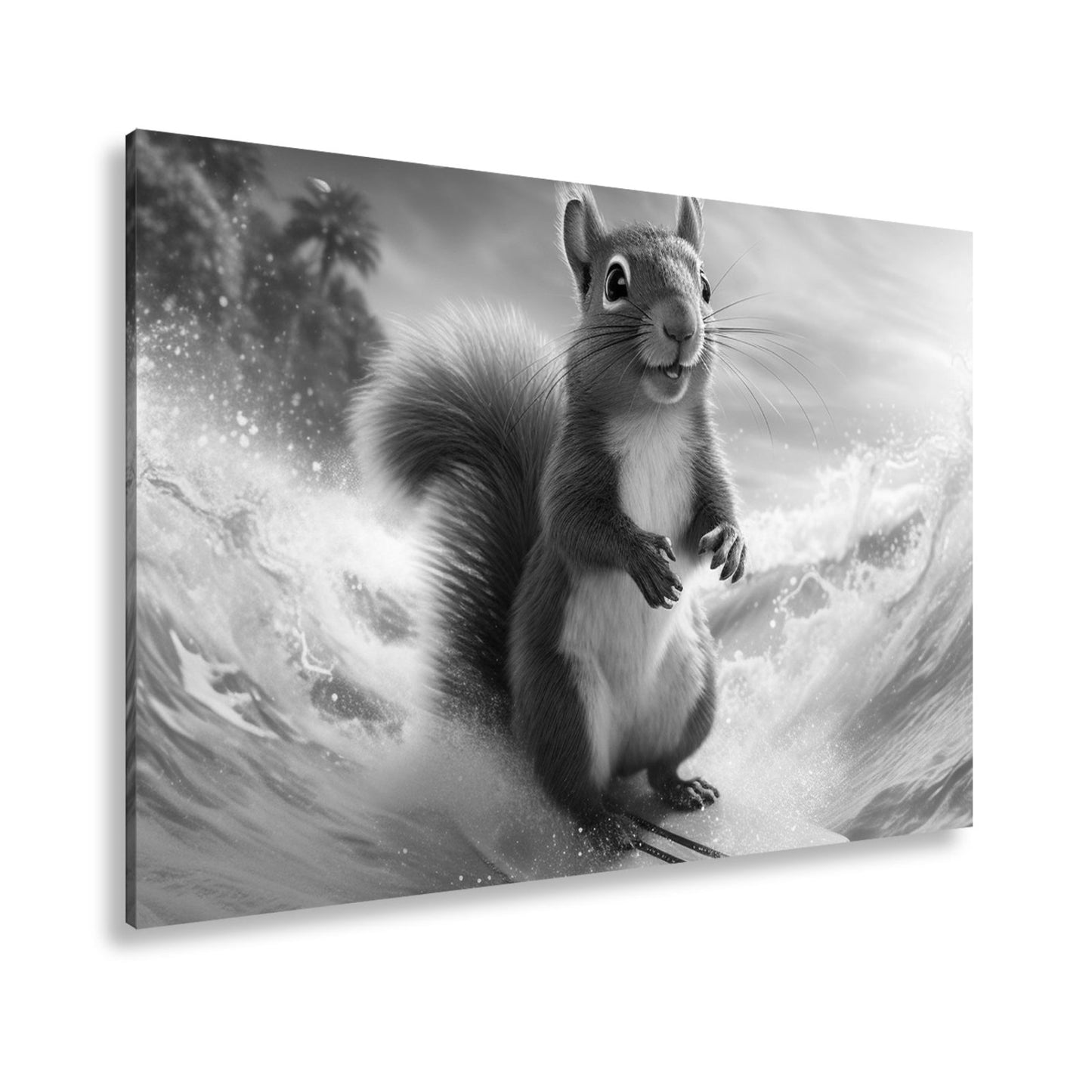 Leinwandbild Surfendes Eichhörnchen reitet tropische Welle XXL – Lustig Tiere - deyoli