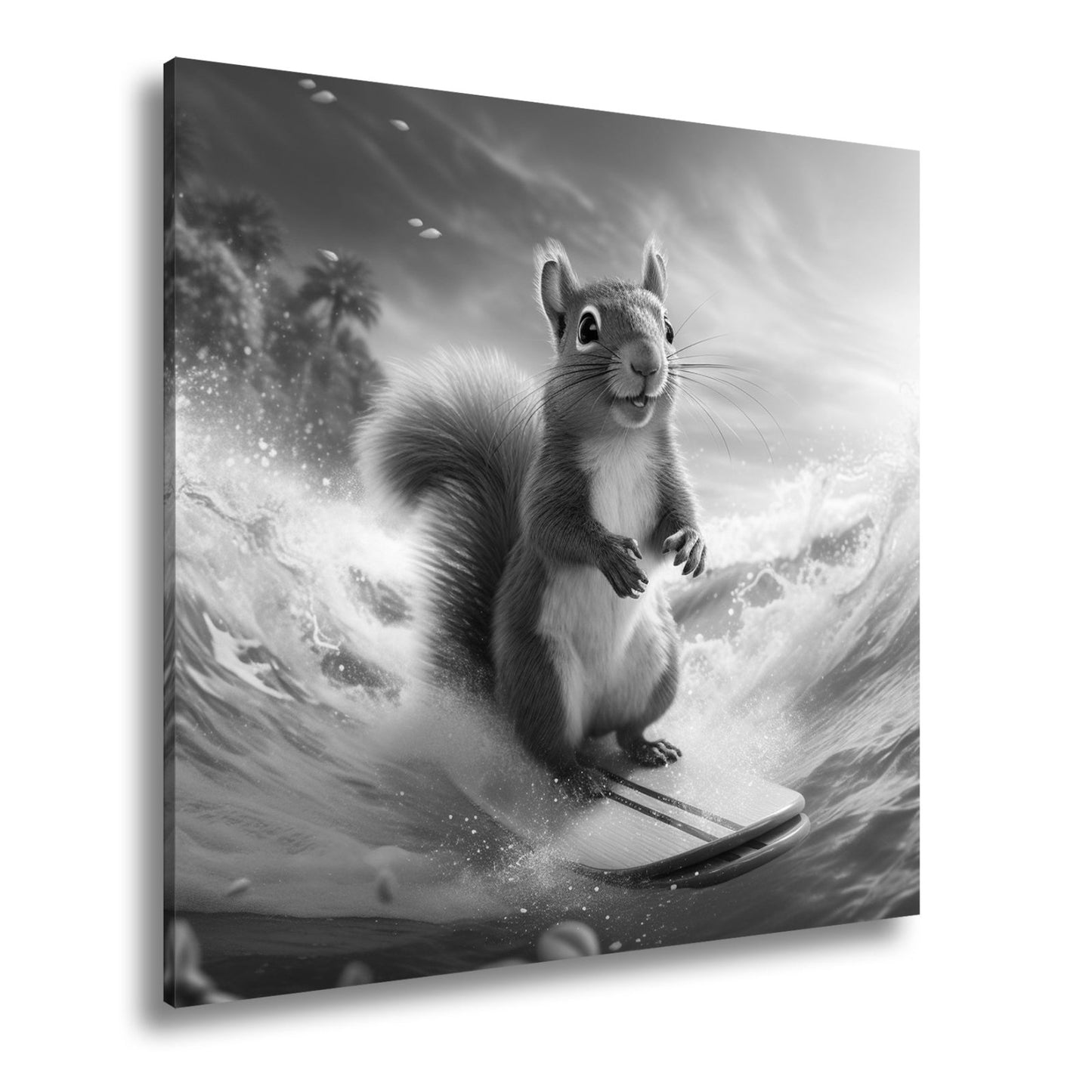 Leinwandbild Surfendes Eichhörnchen reitet tropische Welle XXL – Lustig Tiere - deyoli