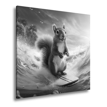 Leinwandbild Surfendes Eichhörnchen reitet tropische Welle XXL – Lustig Tiere - deyoli