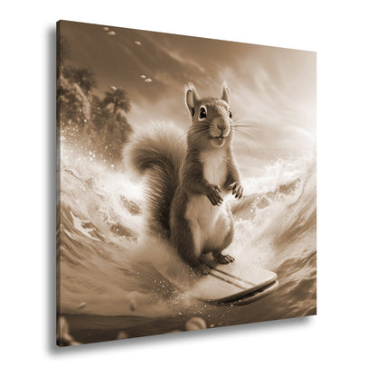 Leinwandbild Surfendes Eichhörnchen reitet tropische Welle XXL – Lustig Tiere - deyoli