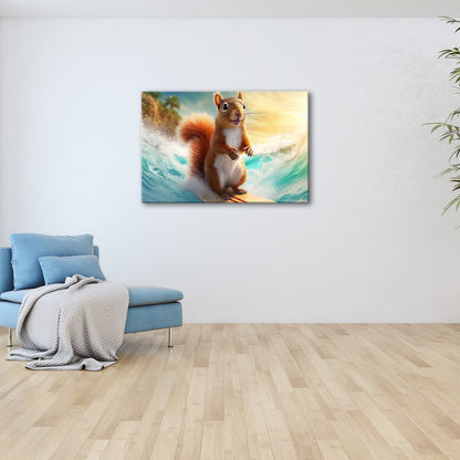 Leinwandbild Surfendes Eichhörnchen reitet tropische Welle XXL – Lustig Tiere - deyoli