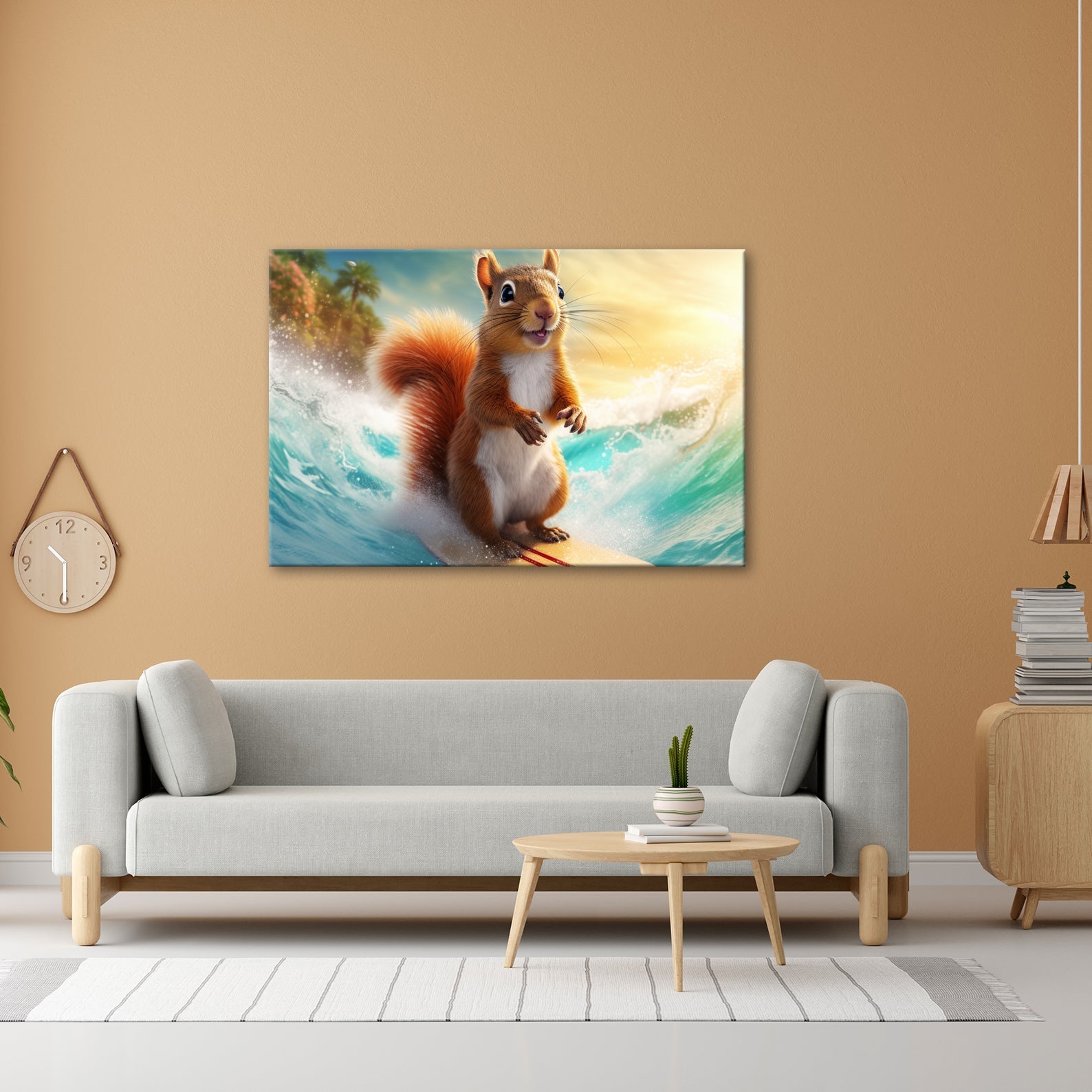 Leinwandbild Surfendes Eichhörnchen reitet tropische Welle XXL – Lustig Tiere - deyoli