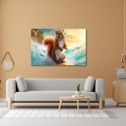 Leinwandbild Surfendes Eichhörnchen reitet tropische Welle XXL – Lustig Tiere - deyoli