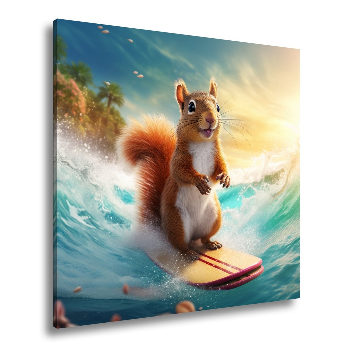 Leinwandbild Surfendes Eichhörnchen reitet tropische Welle XXL – Lustig Tiere - deyoli