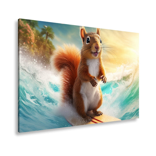 Leinwandbild Surfendes Eichhörnchen reitet tropische Welle XXL – Lustig Tiere - deyoli