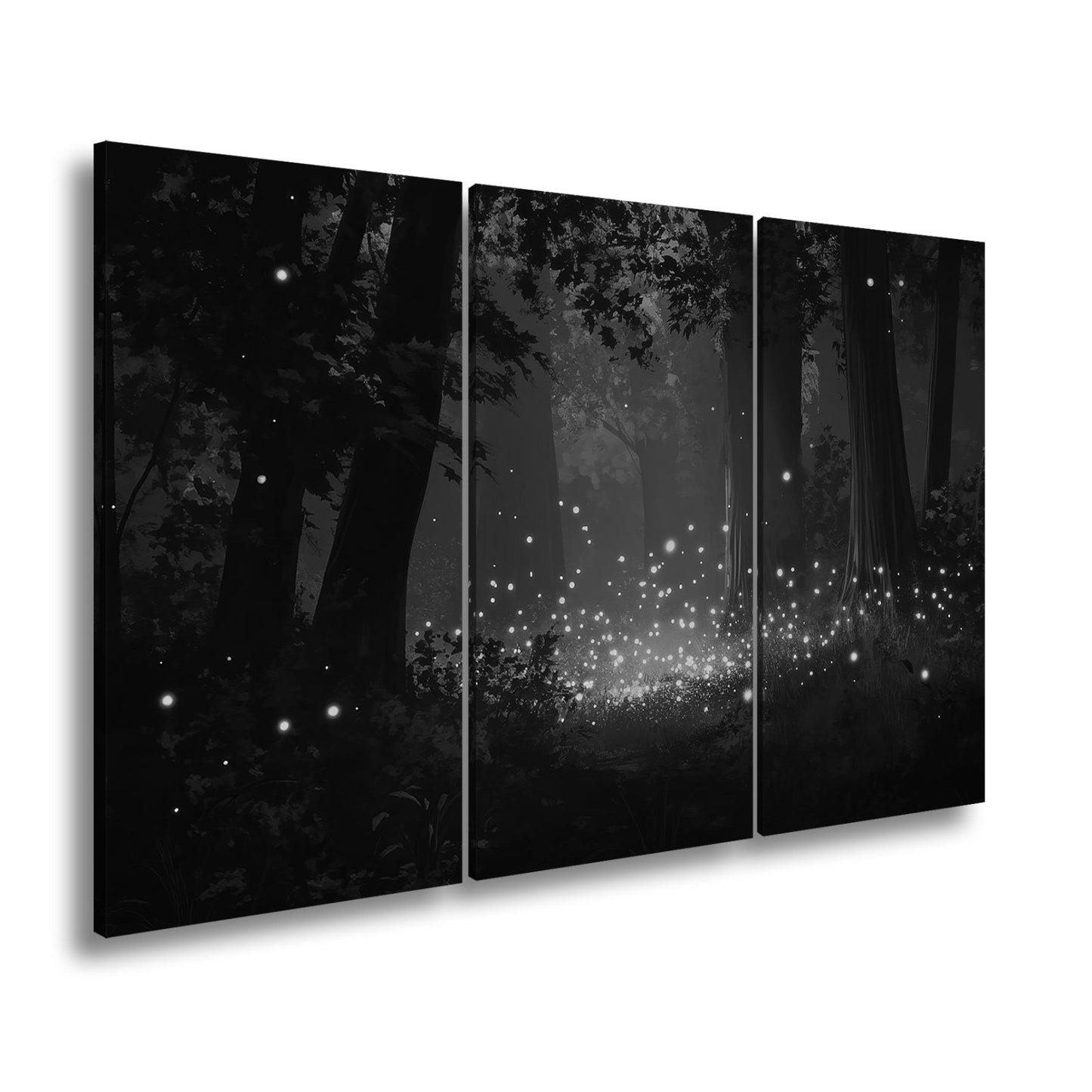 Leinwandbild Tanzende Glühwürmchen erhellen einen nächtlichen Wald - deyoli