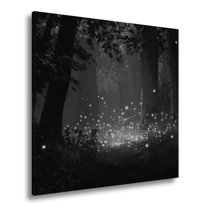 Leinwandbild Tanzende Glühwürmchen erhellen einen nächtlichen Wald - deyoli