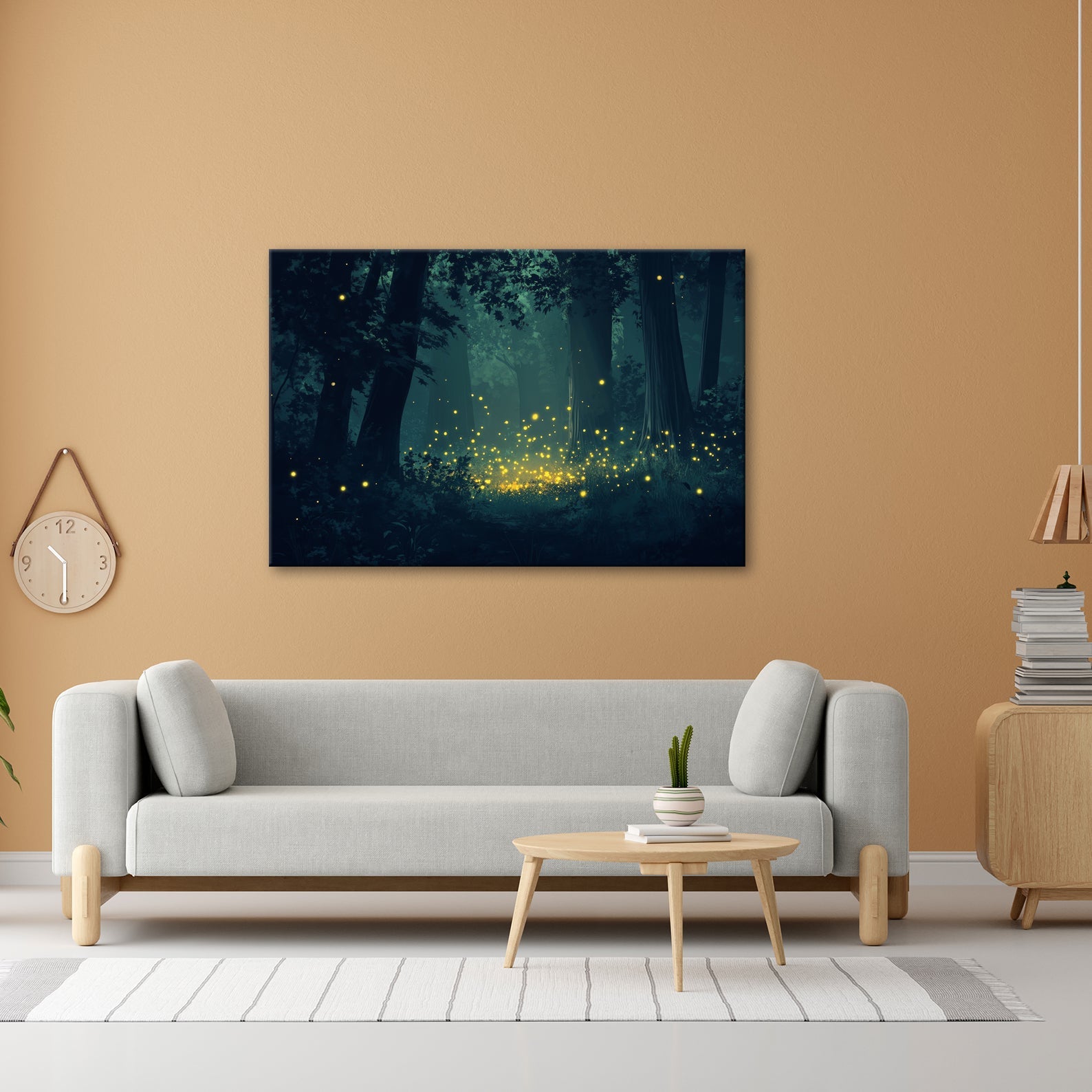 Leinwandbild Tanzende Glühwürmchen erhellen einen nächtlichen Wald - deyoli