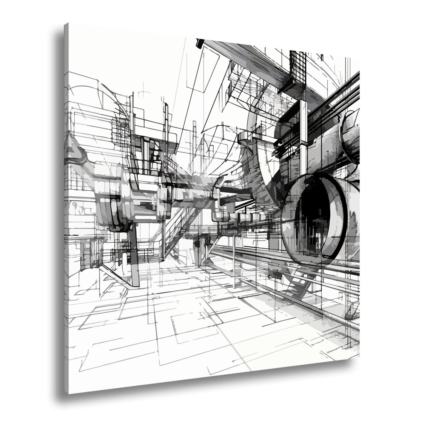 Leinwandbild Technische Linienwelt aus Rohren und Architektur - deyoli