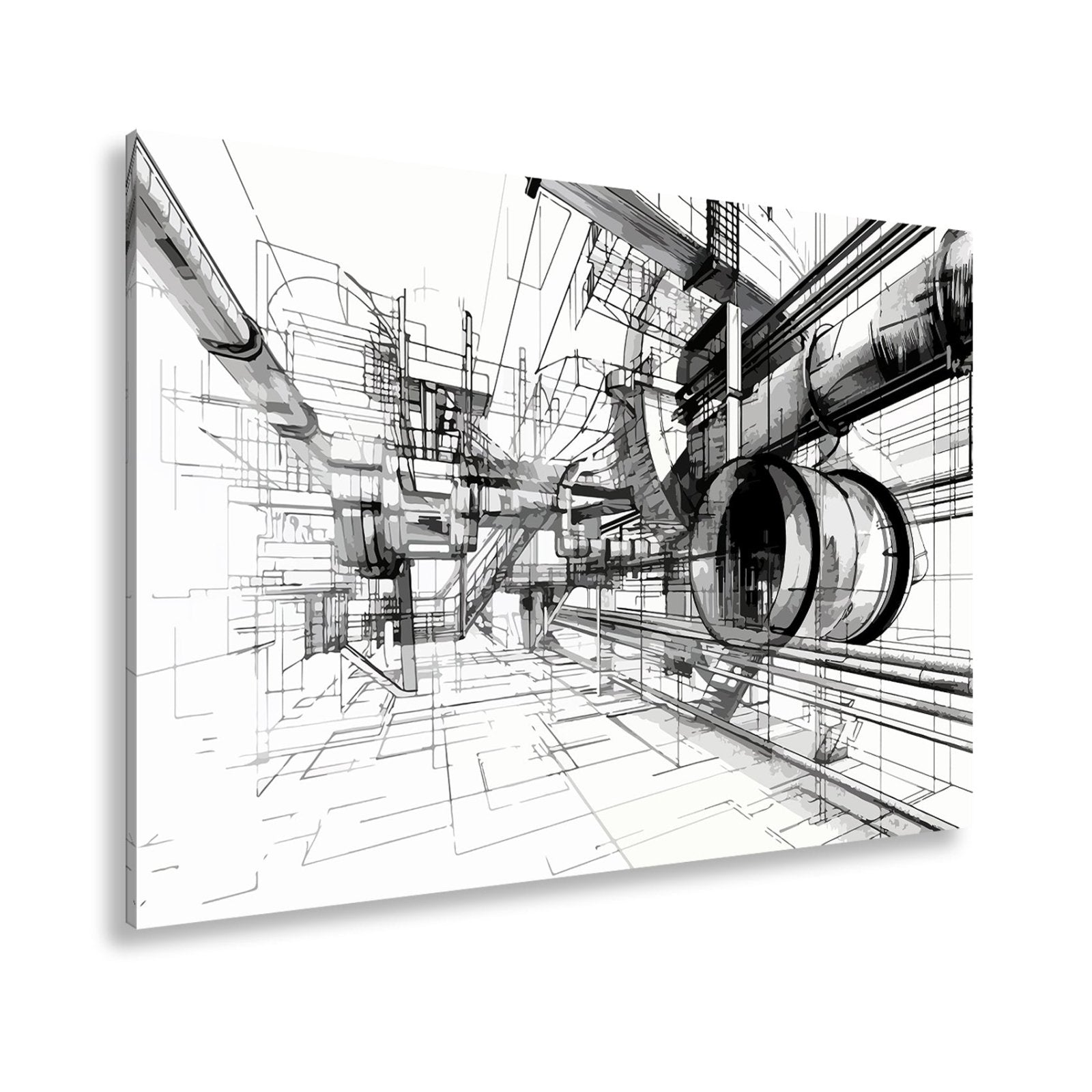 Leinwandbild Technische Linienwelt aus Rohren und Architektur - deyoli