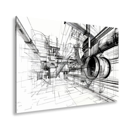 Leinwandbild Technische Linienwelt aus Rohren und Architektur - deyoli