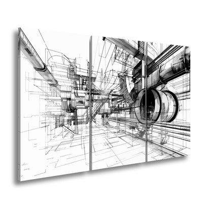 Leinwandbild Technische Linienwelt aus Rohren und Architektur - deyoli