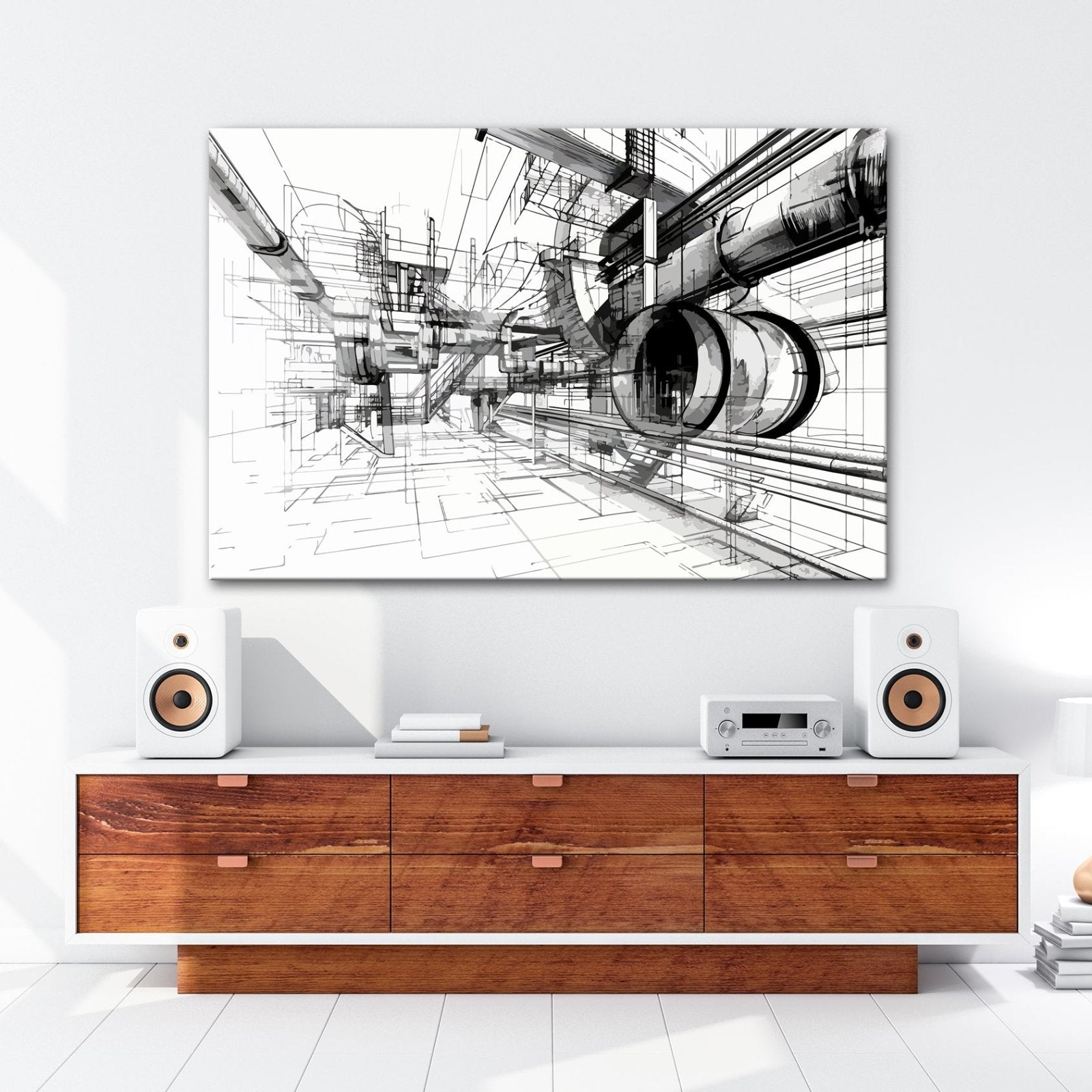 Leinwandbild Technische Linienwelt aus Rohren und Architektur - deyoli