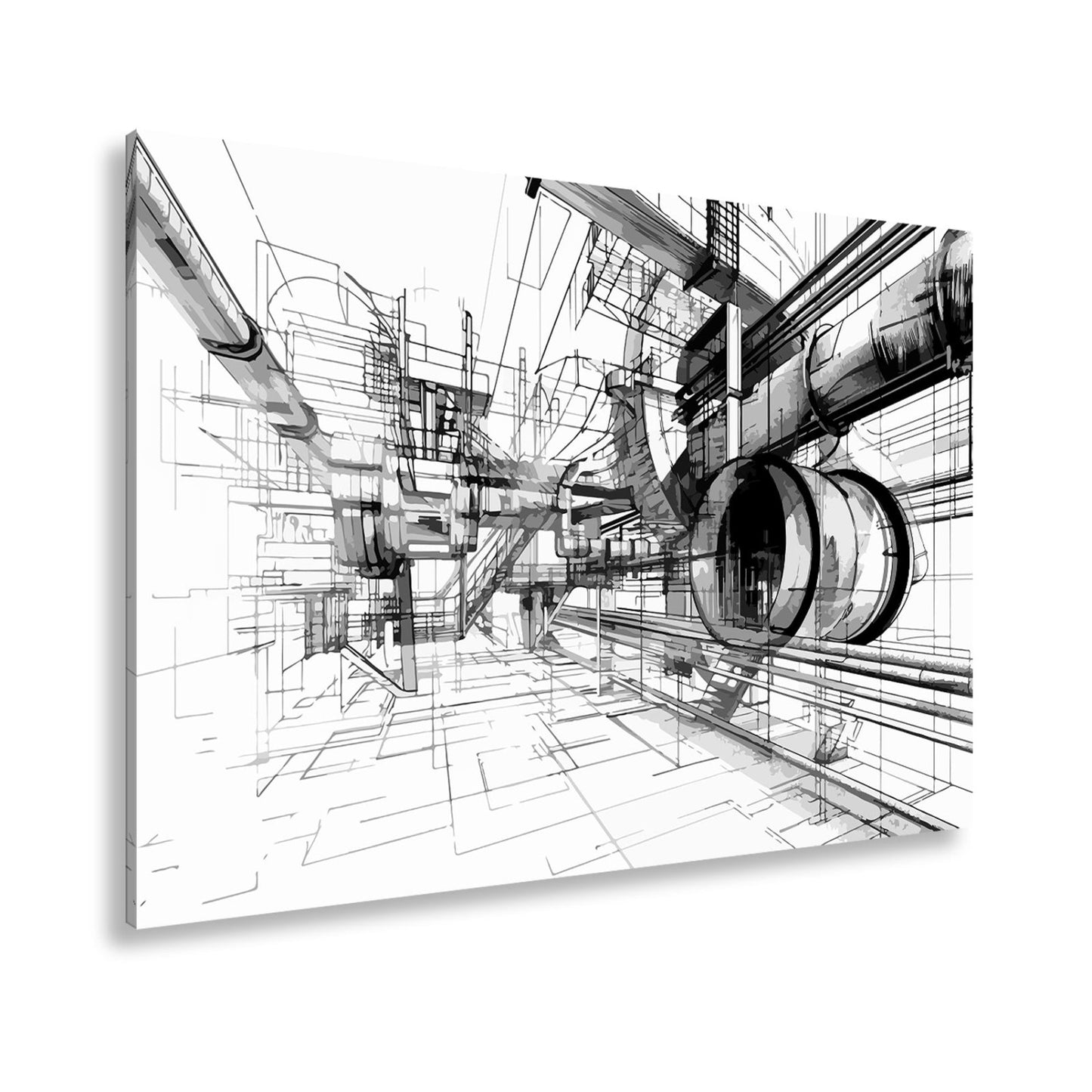 Leinwandbild Technische Linienwelt aus Rohren und Architektur - deyoli
