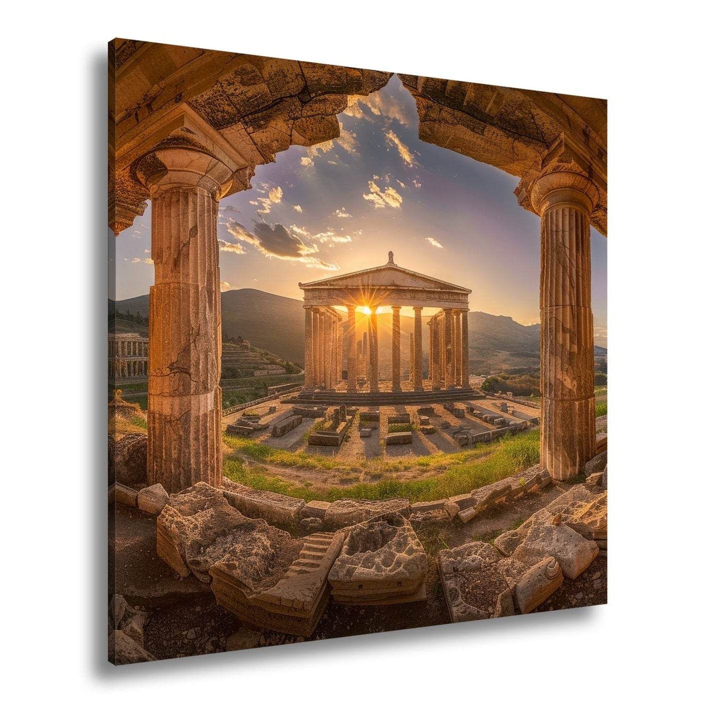 Leinwandbild Tempel im Sonnengruß XXL – Spirituelle Wanddeko Yoga Meditation - deyoli