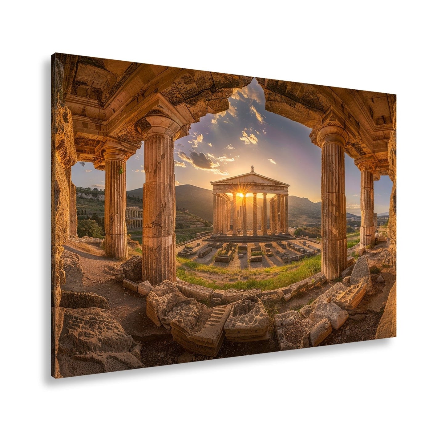 Leinwandbild Tempel im Sonnengruß XXL – Spirituelle Wanddeko Yoga Meditation - deyoli