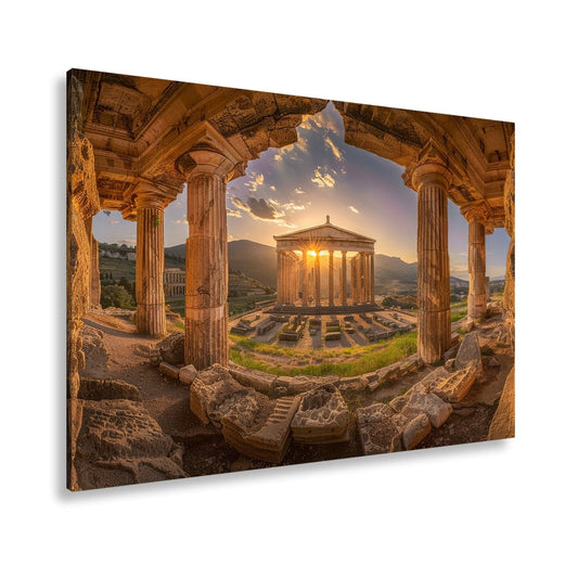 Leinwandbild Tempel im Sonnengruß XXL – Spirituelle Wanddeko Yoga Meditation - deyoli