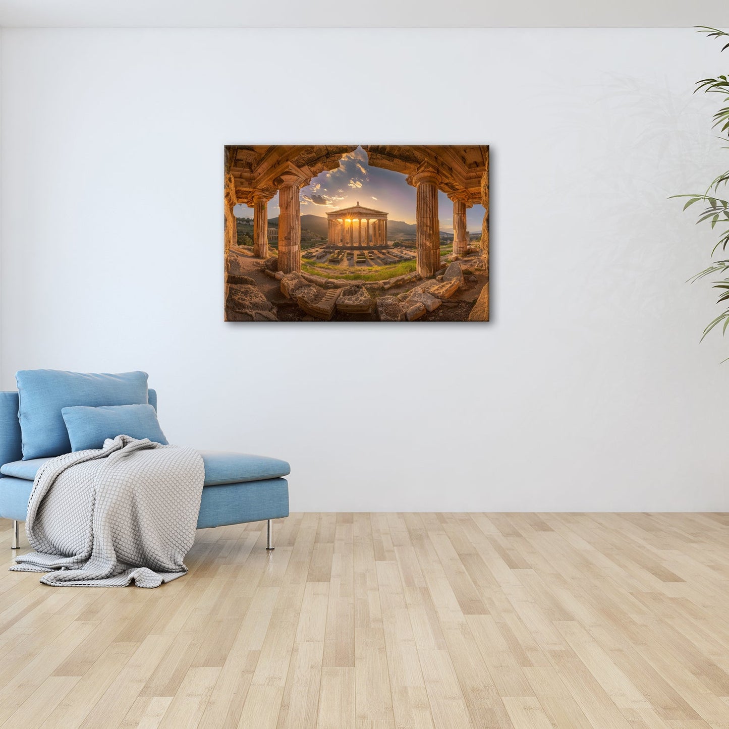 Leinwandbild Tempel im Sonnengruß XXL – Spirituelle Wanddeko Yoga Meditation - deyoli
