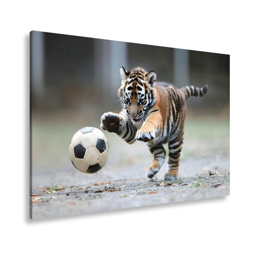 Leinwandbild Tigerbaby im Spielrausch – voller Energie am Ball. - deyoli