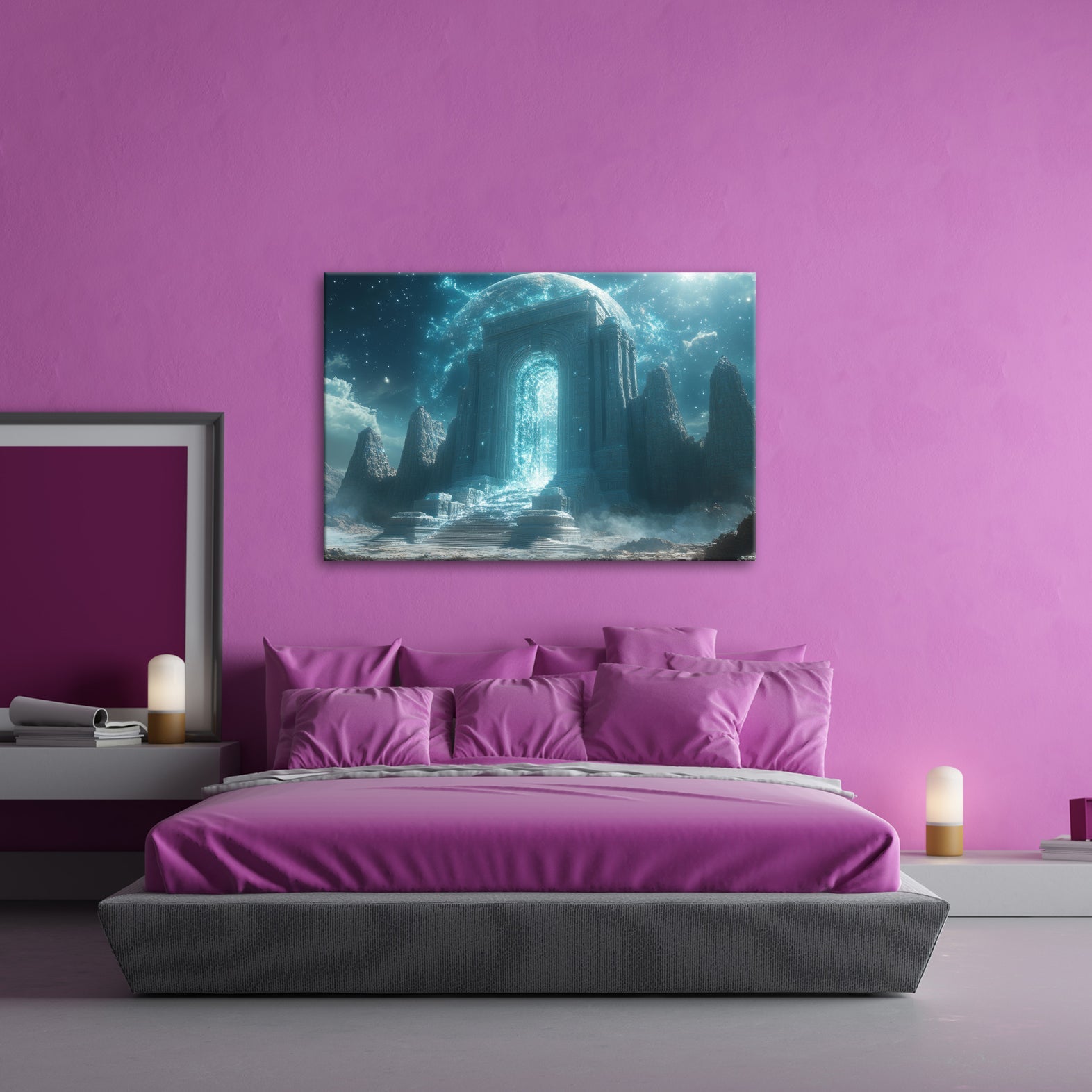 Leinwandbild Tor aus Licht erhebt sich in einer himmlischen Traumlandschaft - deyoli
