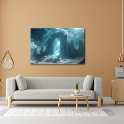 Leinwandbild Tor aus Licht erhebt sich in einer himmlischen Traumlandschaft - deyoli