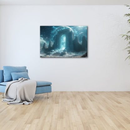 Leinwandbild Tor aus Licht erhebt sich in einer himmlischen Traumlandschaft - deyoli