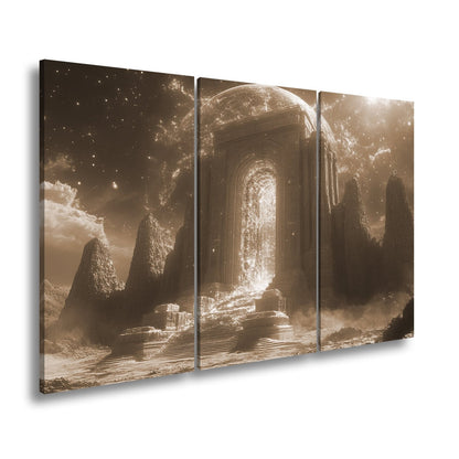 Leinwandbild Tor aus Licht erhebt sich in einer himmlischen Traumlandschaft - deyoli