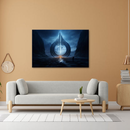 Leinwandbild Tor aus Licht in dunkler Welt, ein Schritt ins Unbekannte - deyoli
