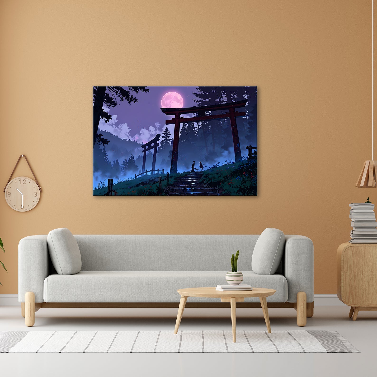 Leinwandbild Torii im Nebel, zwei Gestalten unter dem violetten Mond. - deyoli