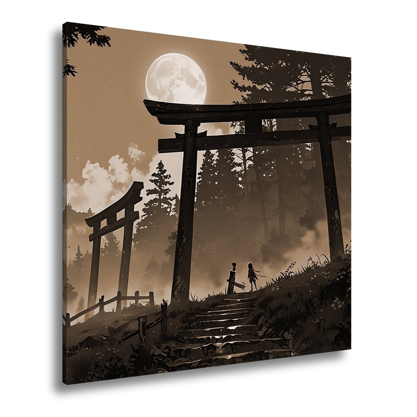 Leinwandbild Torii im Nebel, zwei Gestalten unter dem violetten Mond. - deyoli