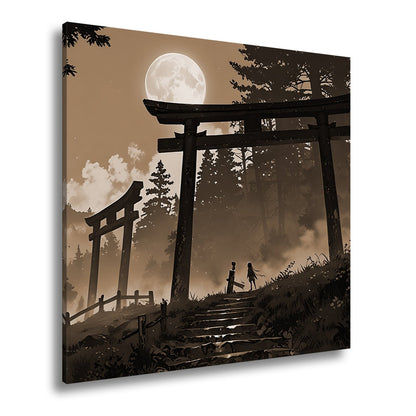 Leinwandbild Torii im Nebel, zwei Gestalten unter dem violetten Mond. - deyoli