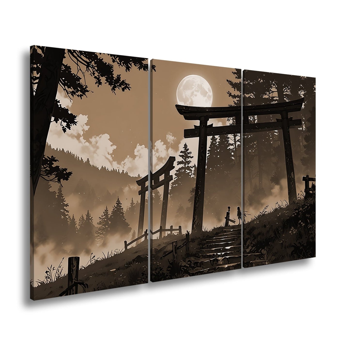 Leinwandbild Torii im Nebel, zwei Gestalten unter dem violetten Mond. - deyoli