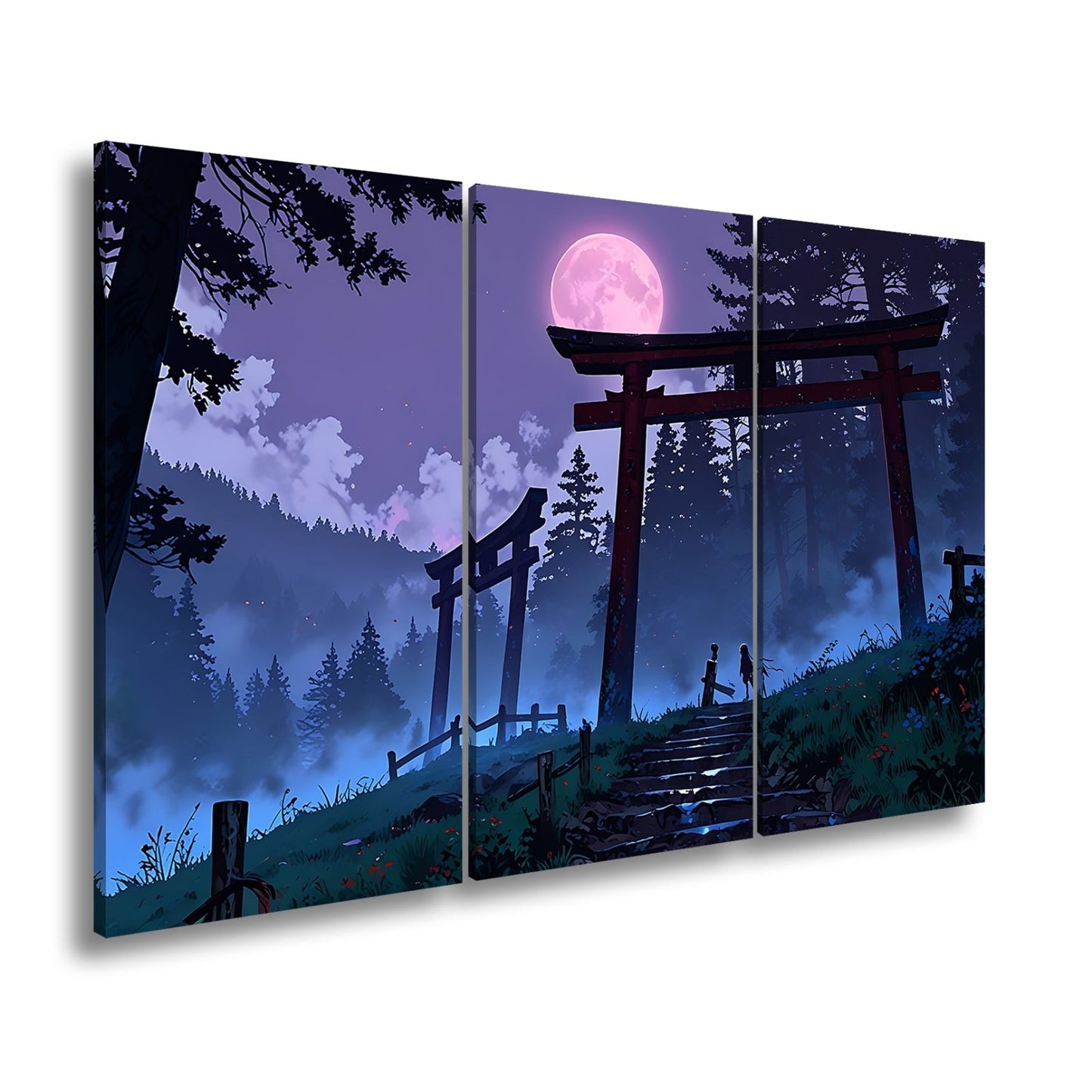 Leinwandbild Torii im Nebel, zwei Gestalten unter dem violetten Mond. - deyoli