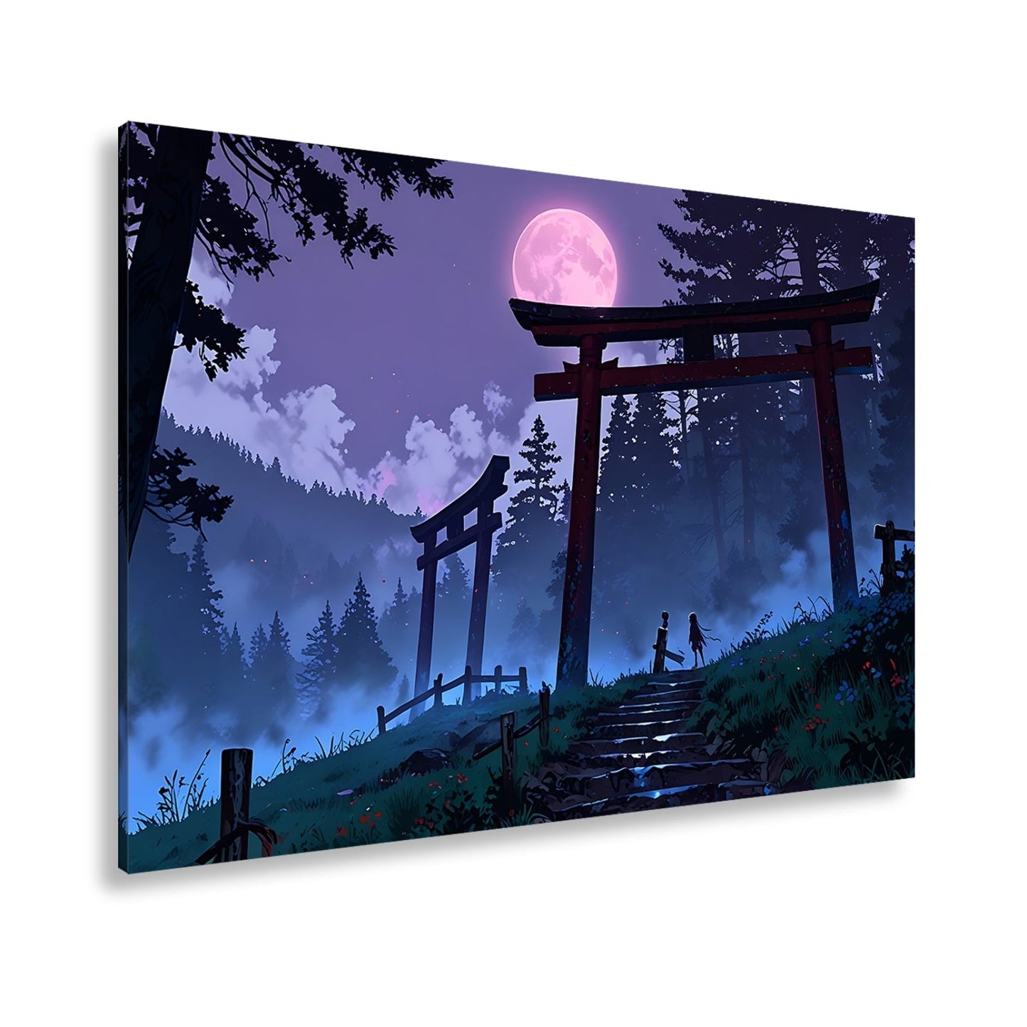 Leinwandbild Torii im Nebel, zwei Gestalten unter dem violetten Mond. - deyoli